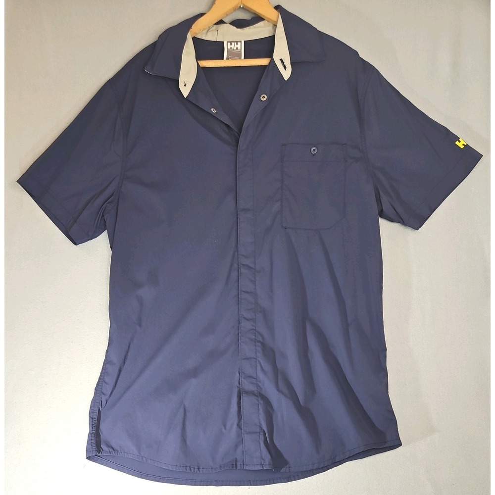 Helly Hansen HH Shirt Mens L Blue Button Up Short Sleeve Pockets Logo Solid